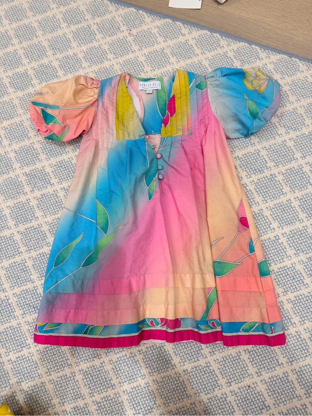 HUNTER BELL Pink Blue Yellow Gradient Floral Puff-Sleeve Kids Dress